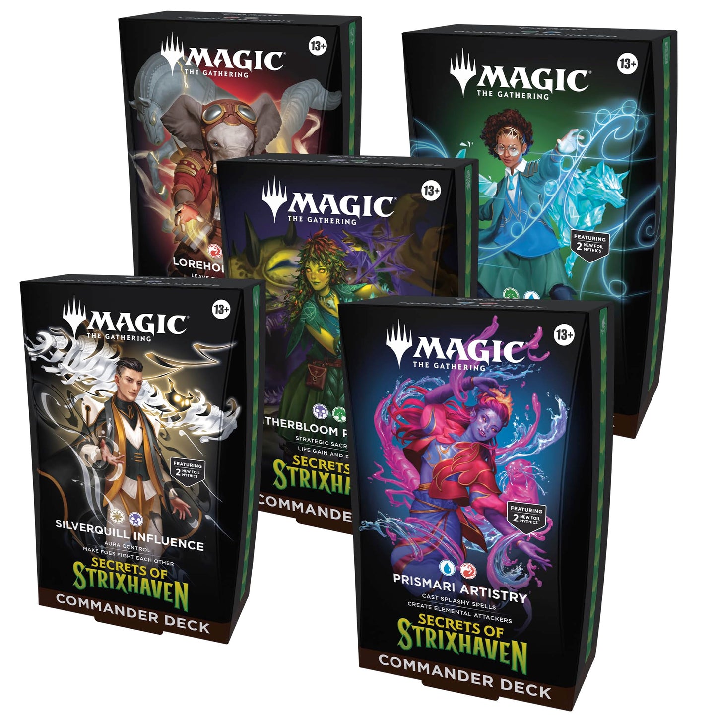 Magic: The Gathering Secrets of Strixhaven Commander Deck Bundle - Includes All 5 Decks (Silverquill Influence, Prismari Artistry, Witherbloom Pestilence, Lorehold Spirit, Quandrix Unlimited)