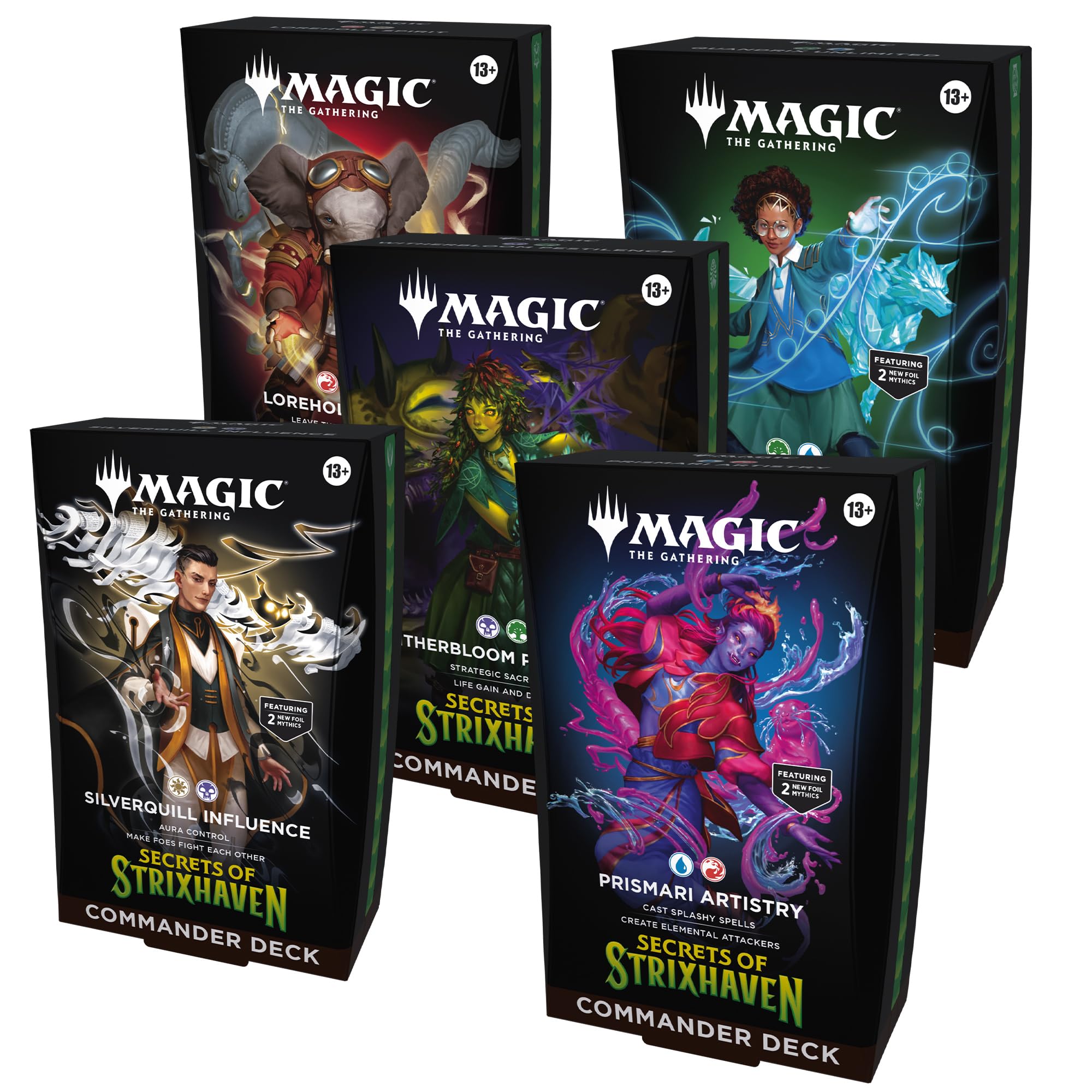 Magic: The Gathering Secrets of Strixhaven Commander Deck Bundle - Includes All 5 Decks (Silverquill Influence, Prismari Artistry, Witherbloom Pestilence, Lorehold Spirit, Quandrix Unlimited)