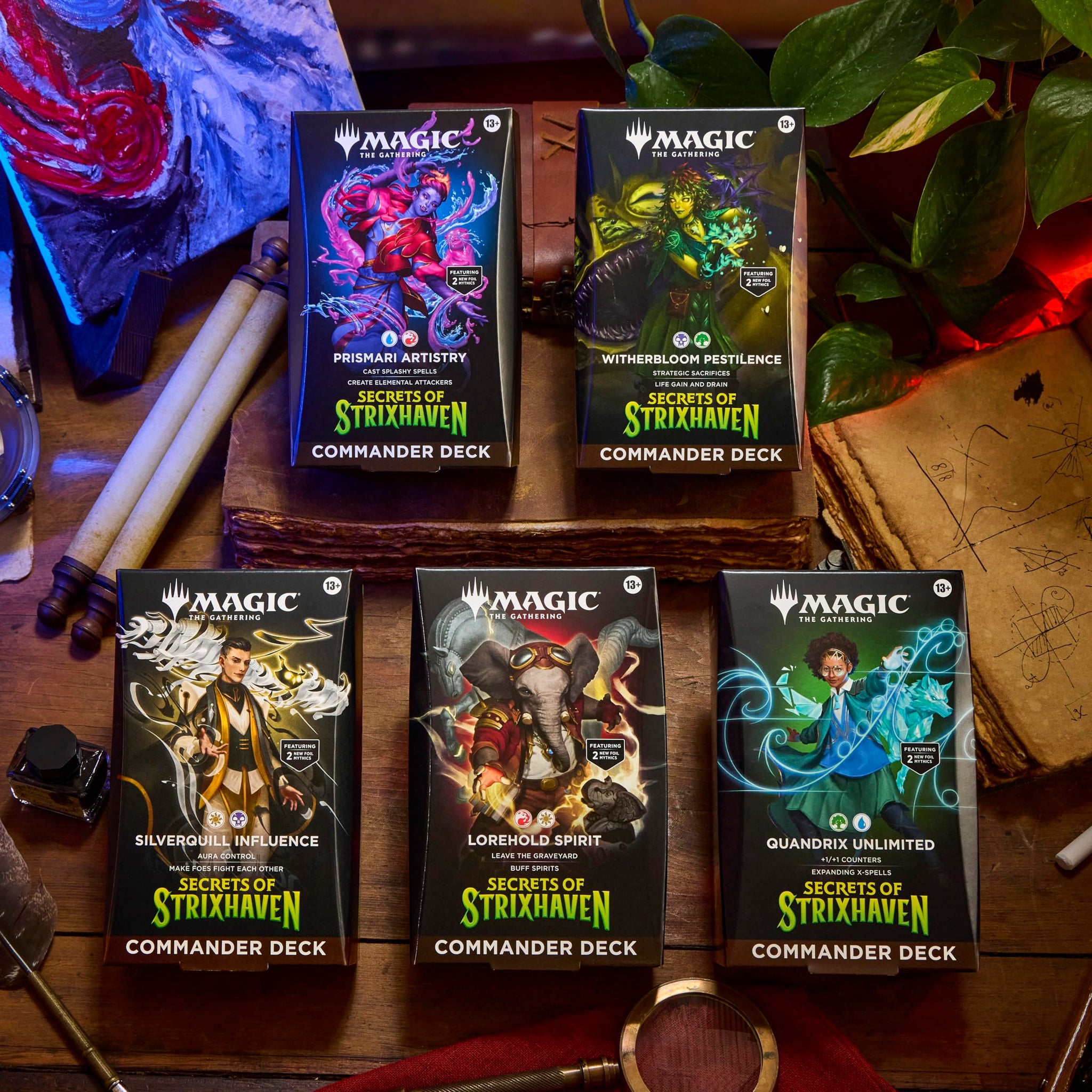 Magic: The Gathering Secrets of Strixhaven Commander Deck Bundle - Includes All 5 Decks (Silverquill Influence, Prismari Artistry, Witherbloom Pestilence, Lorehold Spirit, Quandrix Unlimited)